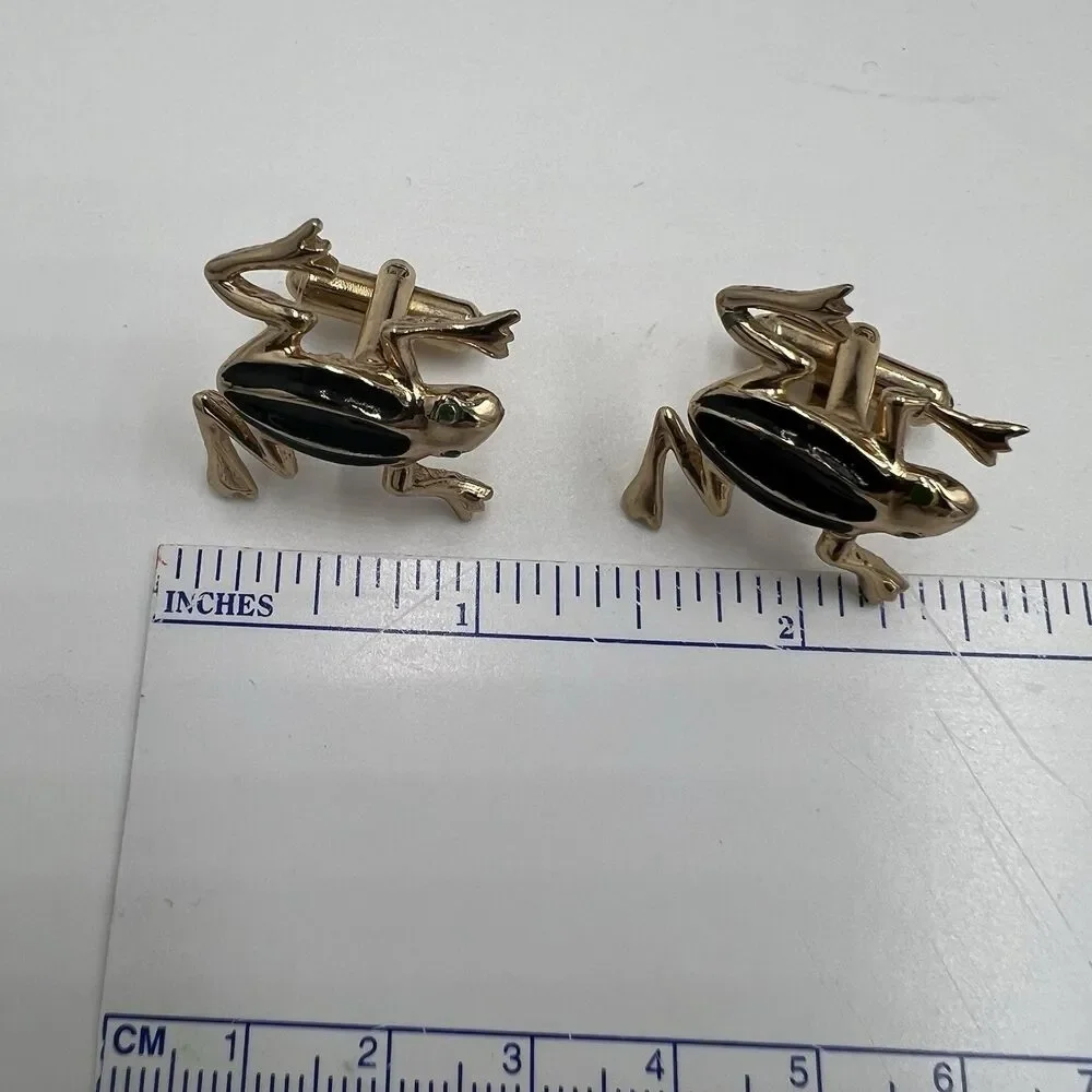 Vintage Tree Frog Cufflinks Black And Gold Formal Wedding Holiday Bold Gold